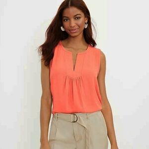 Loft Ann Taylor Women's Orange Split Neck Sleeveless Shell Blouse Top Size M